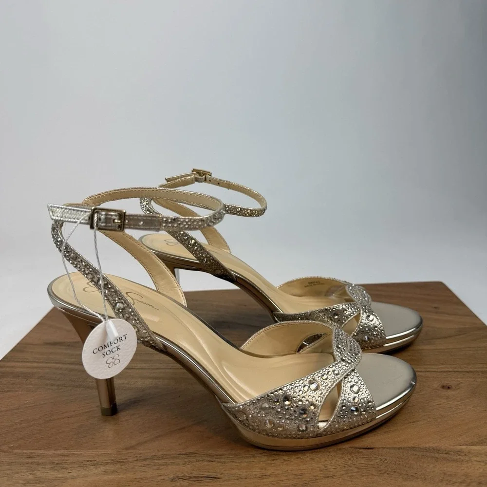 New Womens Jessica‎ Simpson Jarilyn Gold Rhinestone Heel Sandals Size 9 M